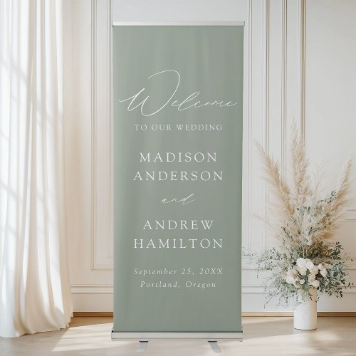 Modern Elegant Script Sage Green Wedding Welcome Retractable Banner