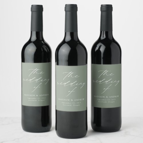 Modern Elegant Script Sage Green Wedding Wine Label