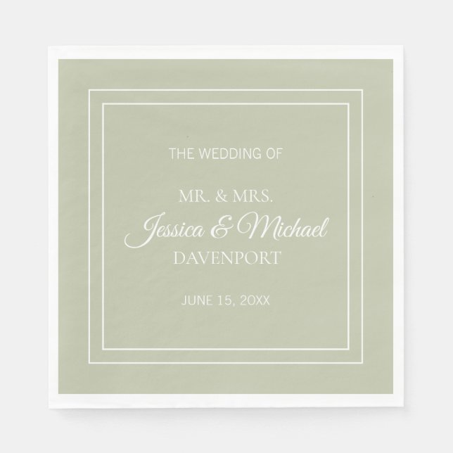Modern Elegant Script Sage Green White Wedding Napkins (Front)