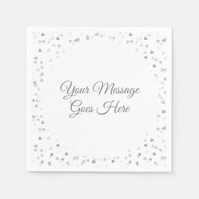 Modern Elegant Script Silver Hearts Confetti Napkins (Front)