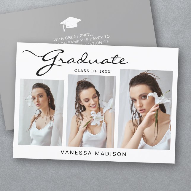 Modern Elegant Script Simple | 3 Photo Graduation Announcement (Creator Uploaded)