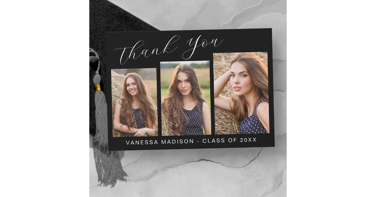 Modern Elegant Script Simple | 3 Photo Graduation Thank You Card | Zazzle