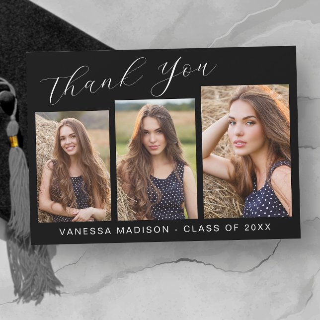 Modern Elegant Script Simple | 3 Photo Graduation  Thank You Card (Creator Uploaded)