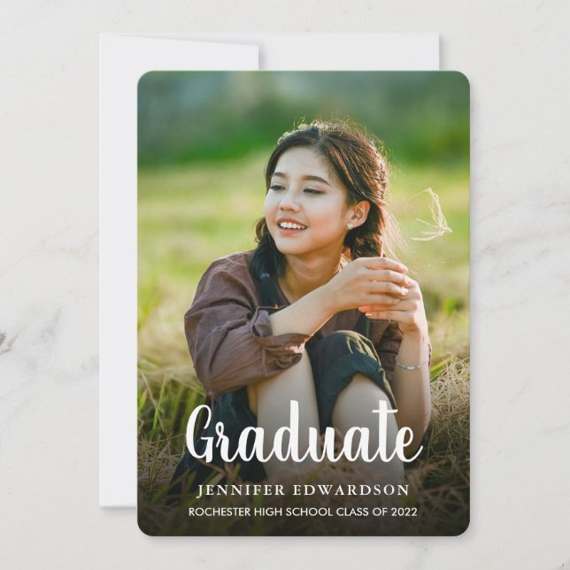 Modern elegant script simple photo graduation announcement (Front)