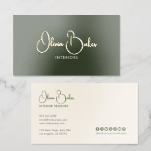 Modern Elegant Script Social Icons Real Foil Business Cards
