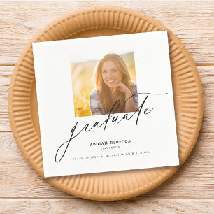 Modern Elegant Script Square Photo Graduation Napkins