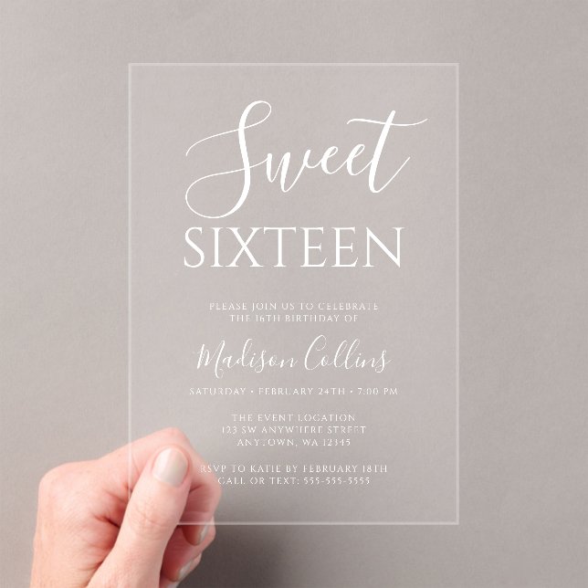 Modern Elegant Script Sweet 16 Acrylic Invitations (Insitu (Handheld))