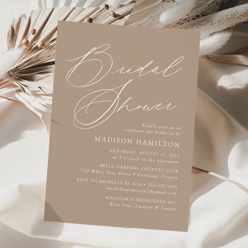 Modern Elegant Script Taupe Bridal Shower Invitation