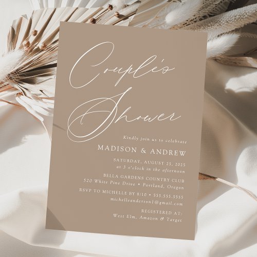 Modern Elegant Script Taupe Couples Shower Invitation