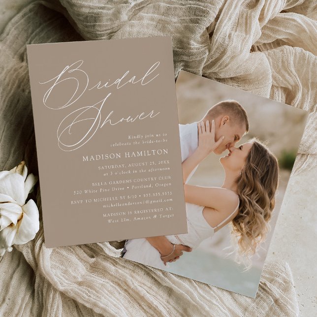 Modern Elegant Script Taupe Photo Bridal Shower Invitation (Creator Uploaded)