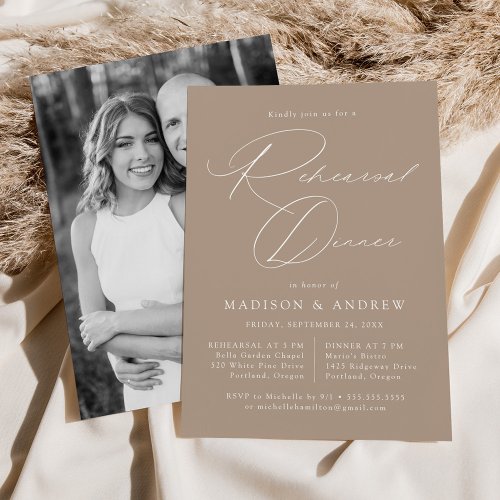 Modern Elegant Script Taupe Photo Rehearsal Dinner Invitation