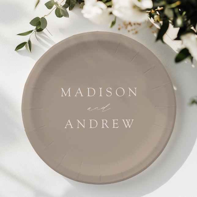 Modern Elegant Script Taupe Wedding Paper Plates (Creator Uploaded)