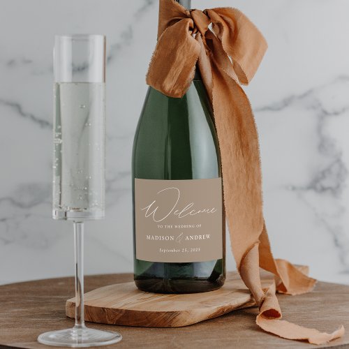 Modern Elegant Script Taupe Wedding Sparkling Wine Label