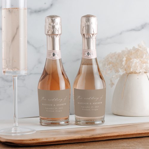 Modern Elegant Script Taupe Wedding Sparkling Wine Label