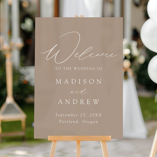 Modern Elegant Script Taupe Wedding Welcome Acrylic Sign