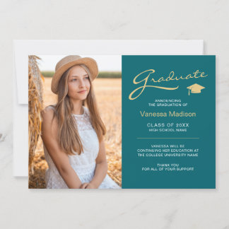 Modern Elegant Script Teal & Gold | 2 Photo Grad Announcement