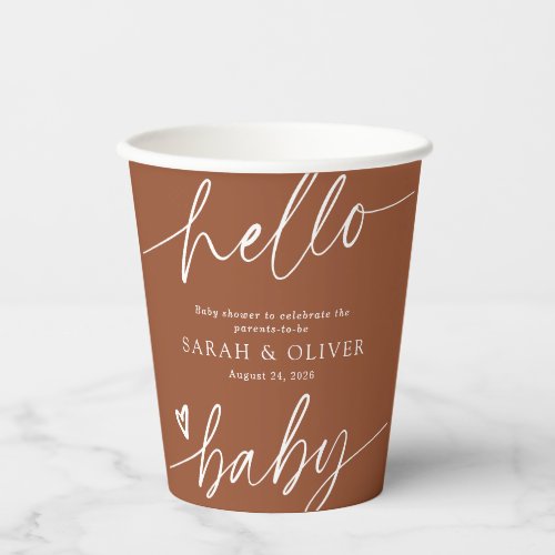 Modern Elegant Script Terracotta Baby Shower Paper Cups