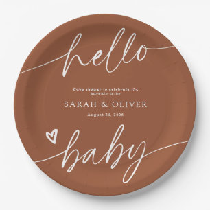 Modern Elegant Script Terracotta Baby Shower Paper Plates