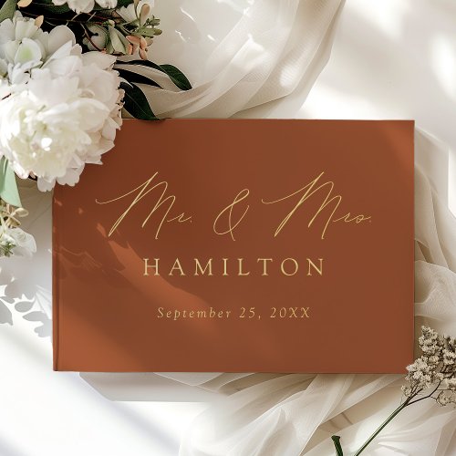 Modern Elegant Script Terracotta Photo Wedding Foil Guest Book