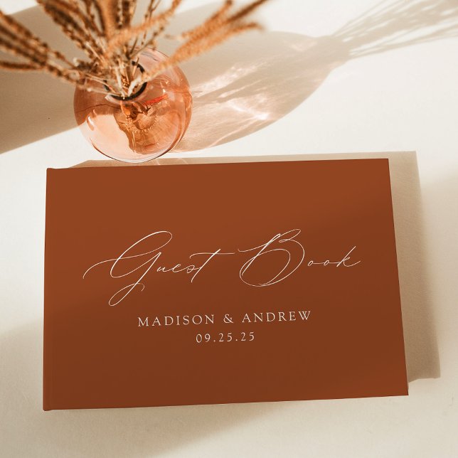 Modern Elegant Script Terracotta Photo Wedding Guest Book (Creator Uploaded)