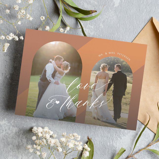 Modern elegant script terracotta photo wedding thank you card (Creator Uploaded)
