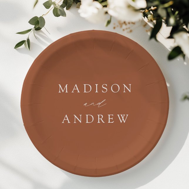 Modern Elegant Script Terracotta Wedding Paper Plates (Creator Uploaded)