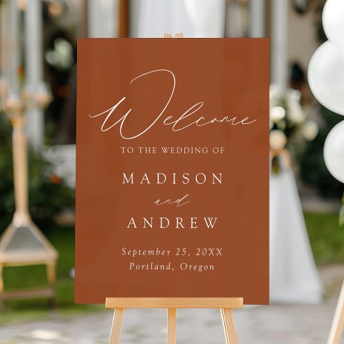 Modern Elegant Script Terracotta Wedding Welcome Acrylic Sign