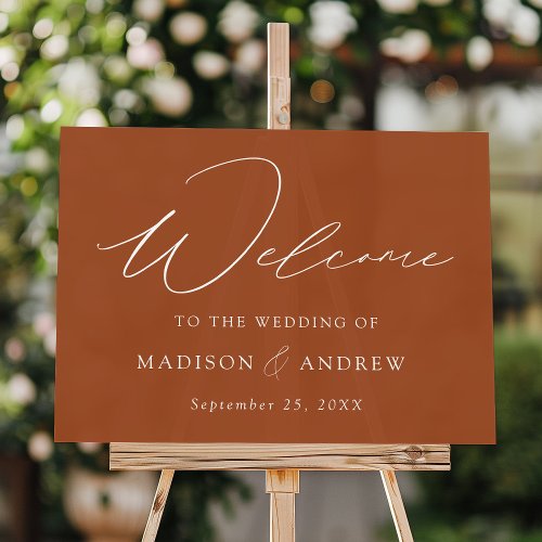 Modern Elegant Script Terracotta Wedding Welcome Acrylic Sign