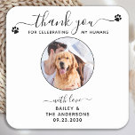 Modern Elegant Script Thank You Photo Pet Wedding Square Paper Coaster<br><div class="desc">Thank You for celebrating my humans! Add the finishing touch to your wedding with these cute custom photo wedding coasters . Perfect for your wedding after party and reception, and as wedding favors for your guests. Customize these photo dog wedding coasters with your favorite wedding photo, dog of honors photo,...</div>