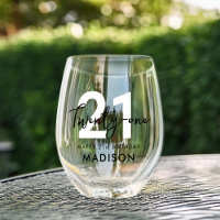Modern Elegant Script Twenty One 21st Birthday Stemless Wine Glass