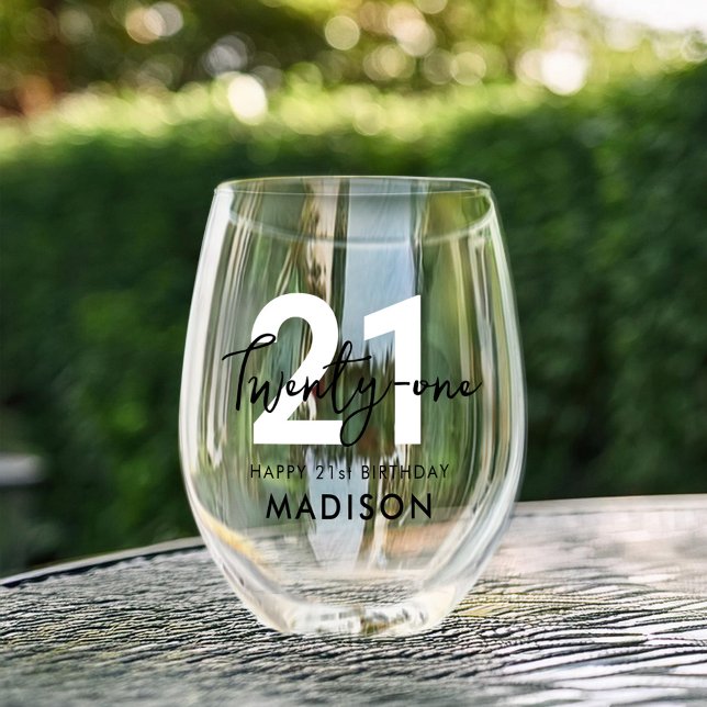 Modern Elegant Script Twenty One 21st Birthday Stemless Wine Glass (Creator Uploaded)