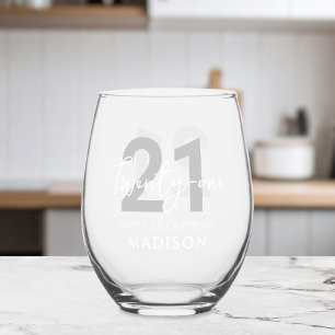 Modern Elegant Script Twenty One 21st Birthday Stemless Wine Glass