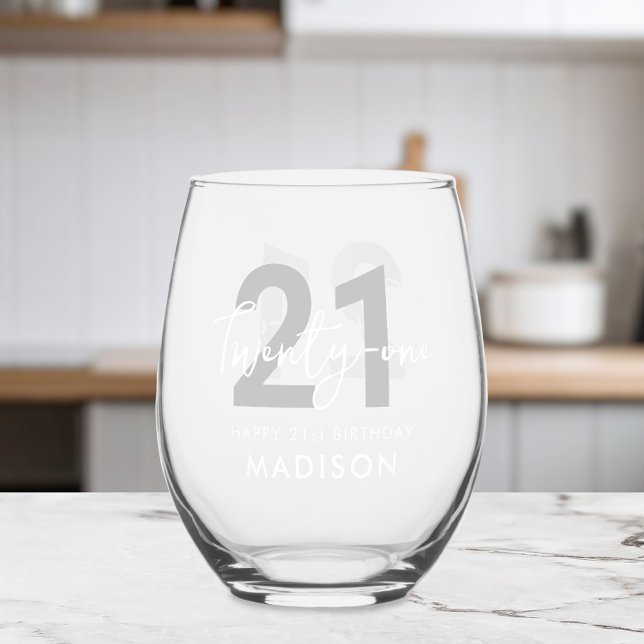 Modern Elegant Script Twenty One 21st Birthday Stemless Wine Glass (Creator Uploaded)