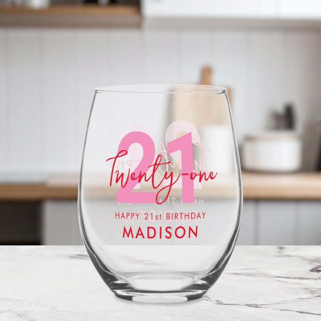Modern Elegant Script Twenty One 21st Birthday Stemless Wine Glass (Creator Uploaded)