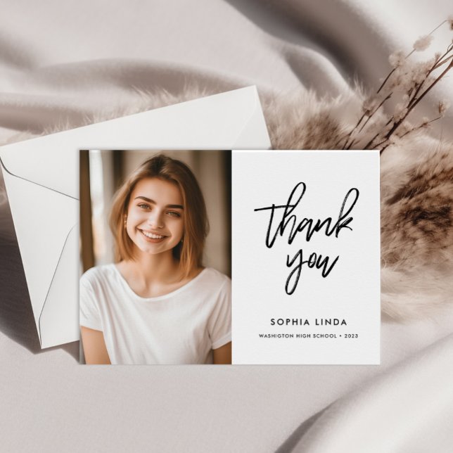 Modern Elegant Script Two Photo Graduation Thank You Card (Creator Uploaded)