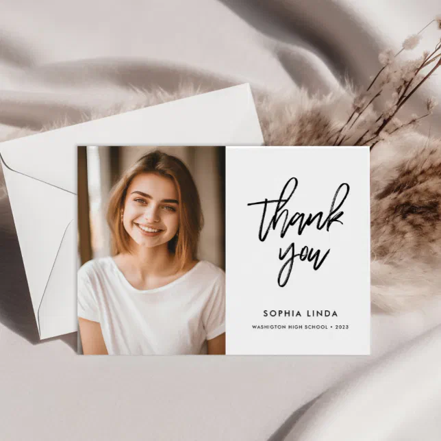 Modern Elegant Script Two Photo Graduation Thank You Card | Zazzle