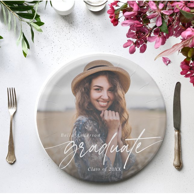 Modern Elegant Script Typography Graduate Photo Paper Plates (Creator Uploaded)