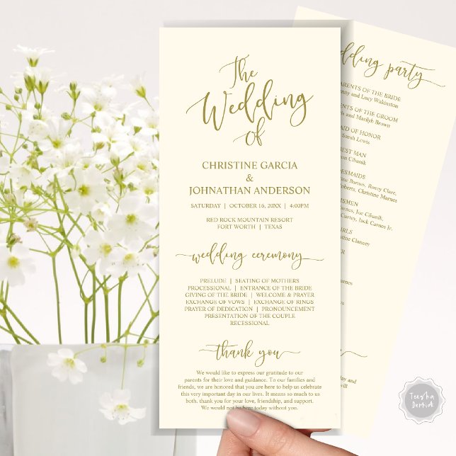 Modern Elegant Script, Wedding Ceremony Program (Wedding Program Ceremony Card, Modern Romantic Script, Classy Summer Gold)