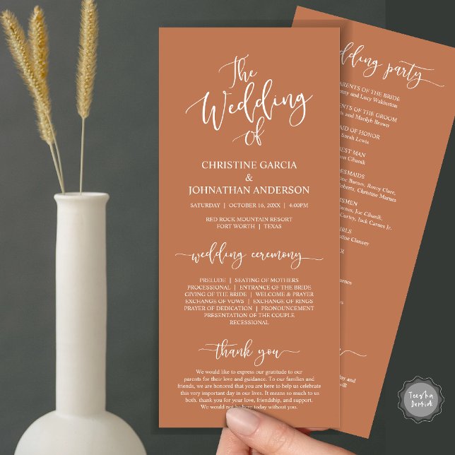 Modern Elegant Script, Wedding Ceremony Program (Wedding Program Ceremony Card, Modern Romantic Script, in Copper themed)