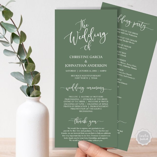 Modern Elegant Script, Wedding Ceremony Program (Wedding Program Ceremony Card, Modern Romantic Script, Forest Sage Green)