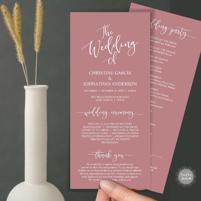 Modern Elegant Script, Wedding Ceremony Program (Wedding Program Ceremony Card, Modern Romantic Script, Dusty Rose Red Pink)