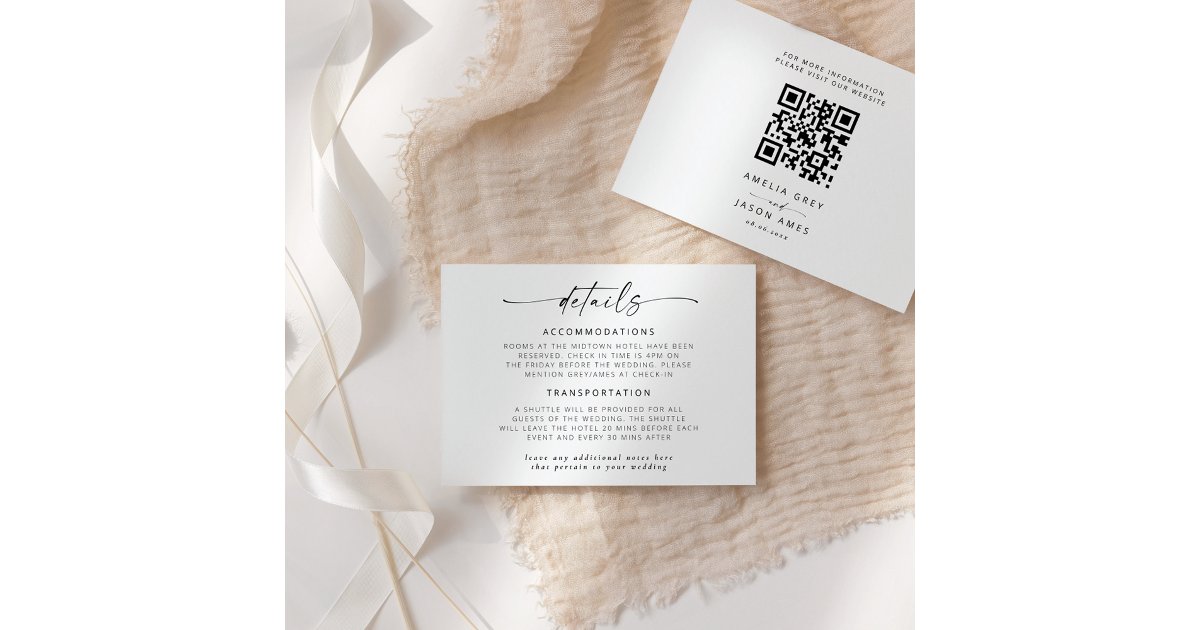 Modern Elegant Script Wedding Details Note Card | Zazzle