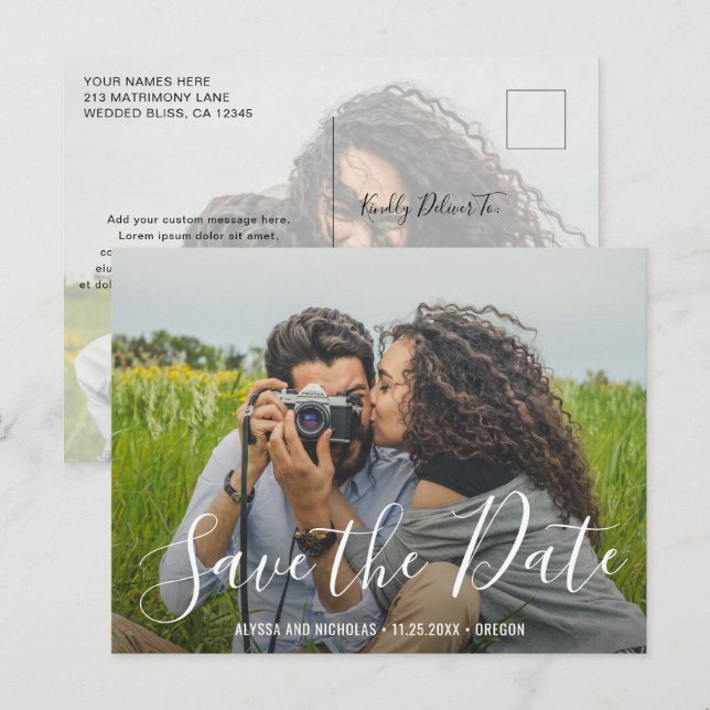 Modern Elegant Script Wedding Photo Save the Date Announcement Postcard (Front/Back)
