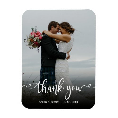 Modern Elegant Script Wedding Photo Thank You  Magnet