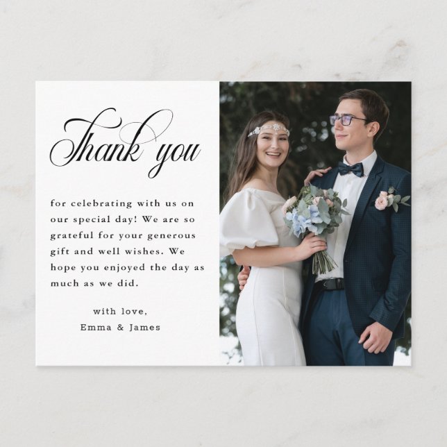 Modern Elegant Script Wedding Photo Thank You Postcard (Front)