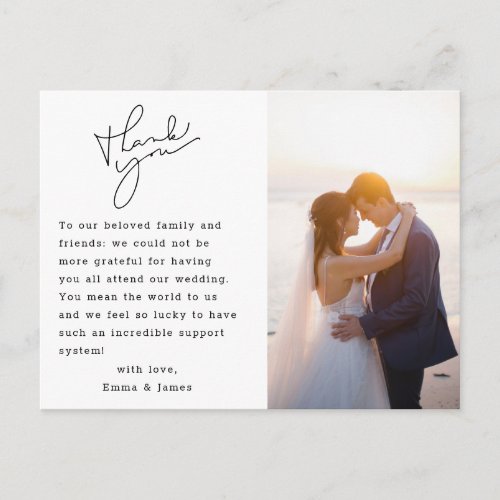 Modern Elegant Script Wedding Photo Thank You Postcard