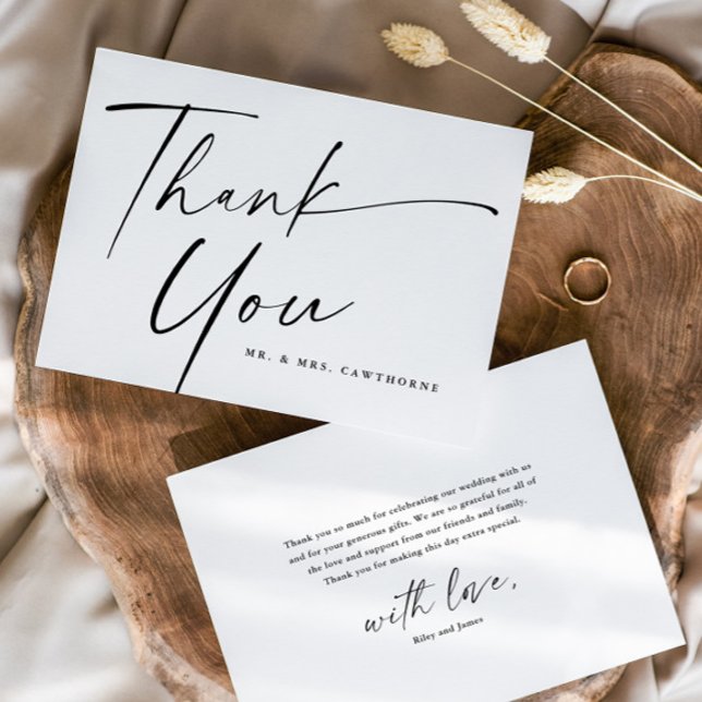 Modern Elegant Script Wedding  Thank You Card (Simple Modern handwritten Script Black and White Wedding Thank You Card.)