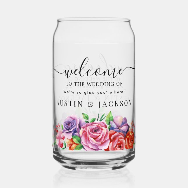 Modern Elegant Script Wedding Welcome Can Glass (Front)