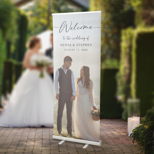 Modern Elegant Script Welcome Photo Wedding Retractable Banner (Creator Uploaded)