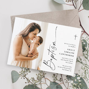 Modern Elegant Script White Photo Baptism Invitation